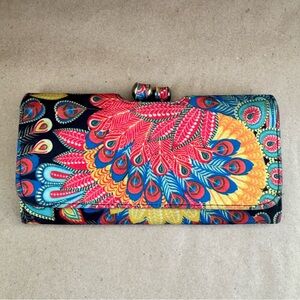 Forever 21 Colourful Peacock Kisslock Wallet. 7.5” by 4”